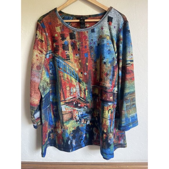 Ali Miles 2X Multicolor Watercolor City Scene 3/4 Sleeve Ultrasoft Fleece Tunic - Picture 2 of 7